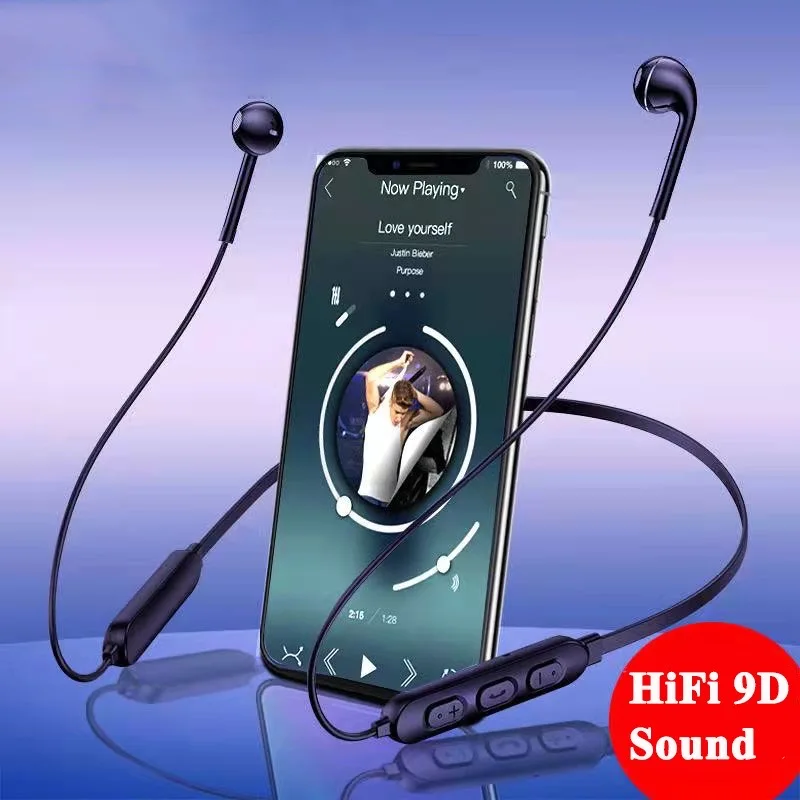 Auricular deportivo con sonido estéreo HiFi 9D con micrófono, auriculares inalámbricos, llamada HD, auriculares Bluetooth con banda para el cuello, auriculares para juegos