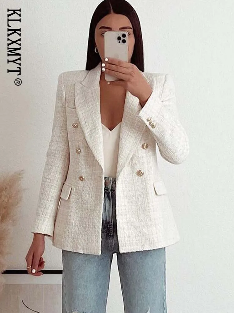 TRAF Women Blazer Jacket 2024 New Fashion Double Breasted Tweed Blazers Coat Vintage Long Sleeve Female Outerwear Chic Tops