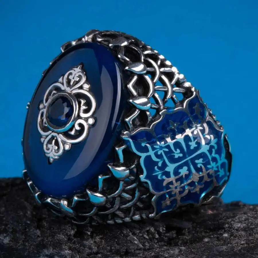 Blue Stone 925 Sterling Silver Men's Ring Fashion Turkish Premium Quality Handmade Jawelery