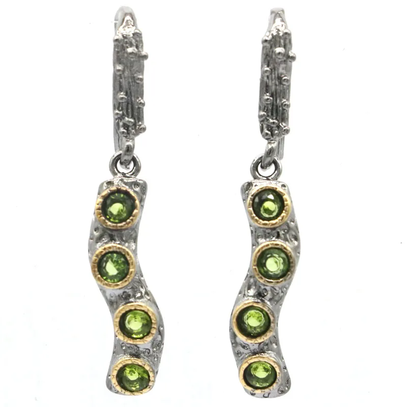 Buy 3 get 1 free  40x6mm  5.1g Vintage  Green Peridot Pink Tourmaline Black Metal Silver Earrings Daily Punk Hollow