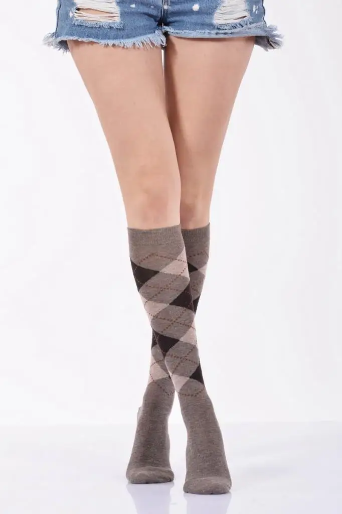 Idilfashion Women Plaid Lower Stocking-Beige-B-ART013 (3'LÜ PACKAGE)