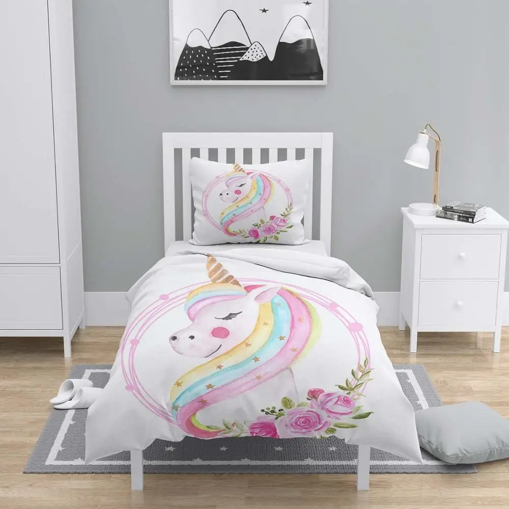 

Else 4 Pcs Pink Sweet Unicorn Horses 3D Print Cotton Satin Chidren Kids Duvet Cover Bedding Set Pillow Case Bed Sheet