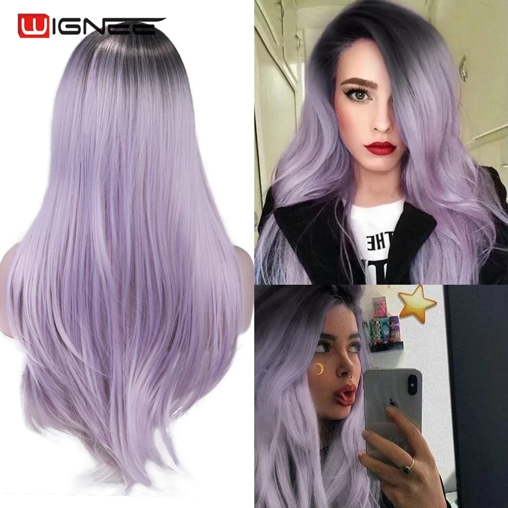 Wignee Long Synthetic Fiber Wigs Ombre Light Purple Partial Division With Oblique Bangs For Women Daily/Cosplay Natural Hair Wig