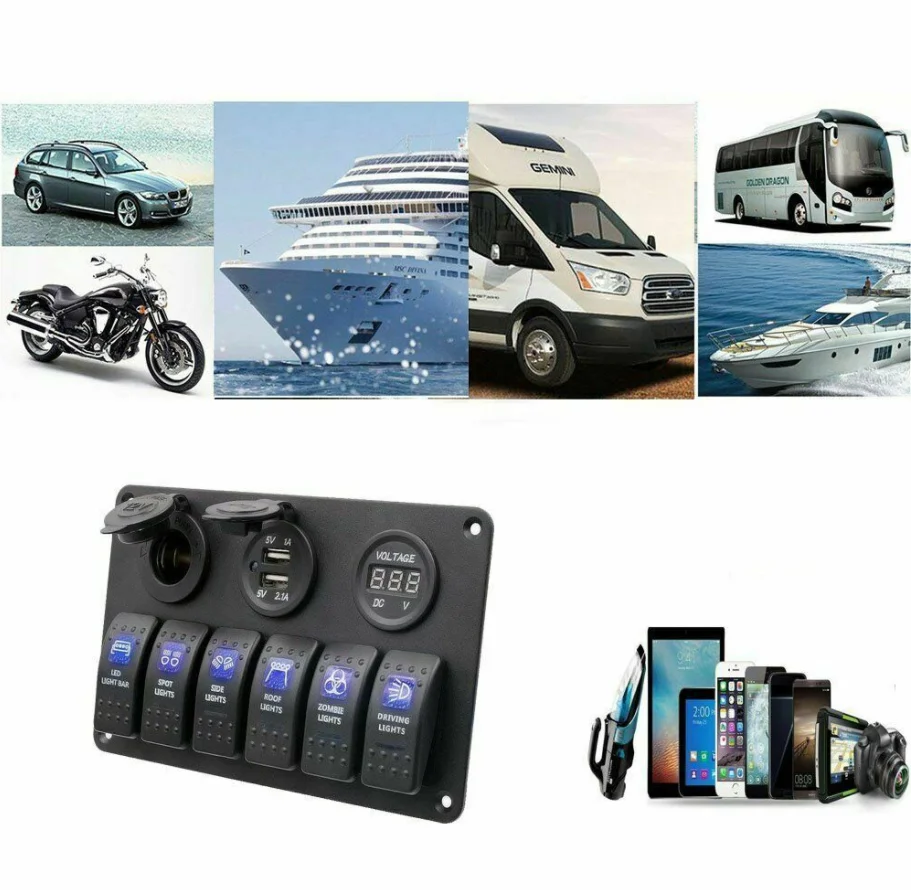 6 Gang Marine Boat Rocker Switch Panel LED Voltage Display+5V 3.1A USB Charger+Cigarette Lighter For Truck Boat Car