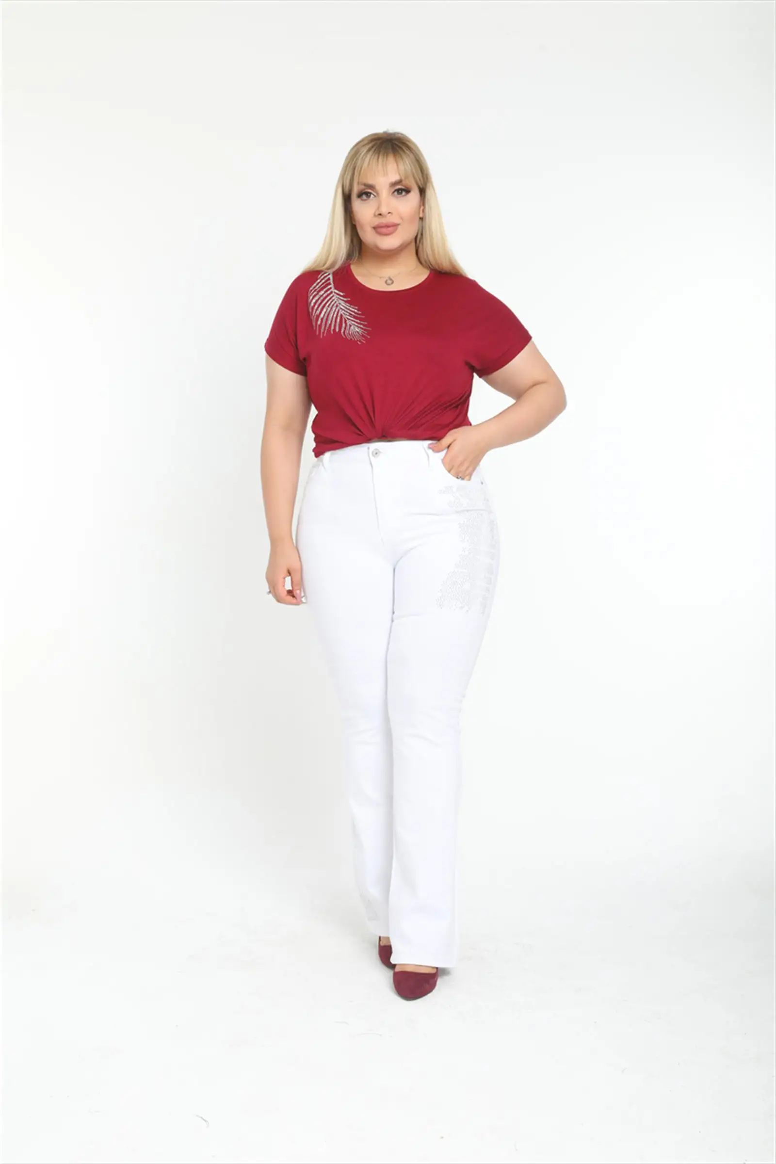 Diaves Plus Size Woman Summer Fashion High Waist Stone Embroidered Wide Leg Skinny White Summer Jeans Turkish Quality