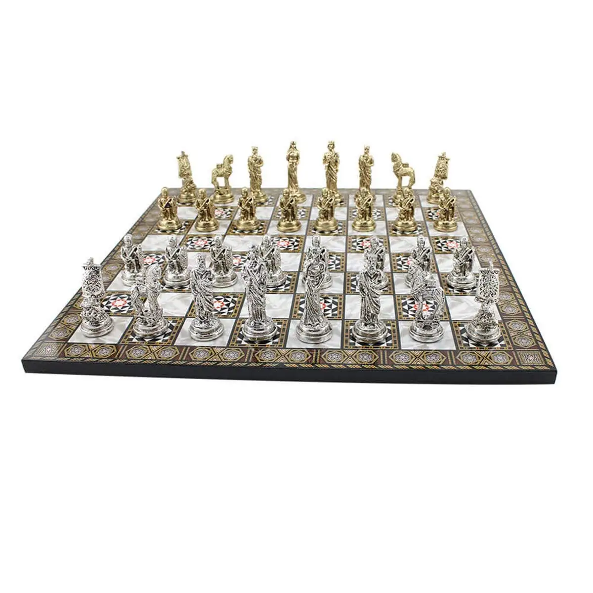 Historical Troy Figures Metal Chess Set,Handmade Pieces and Mother-of-Mother Pearl Wood Design Chess Board King 7 cm