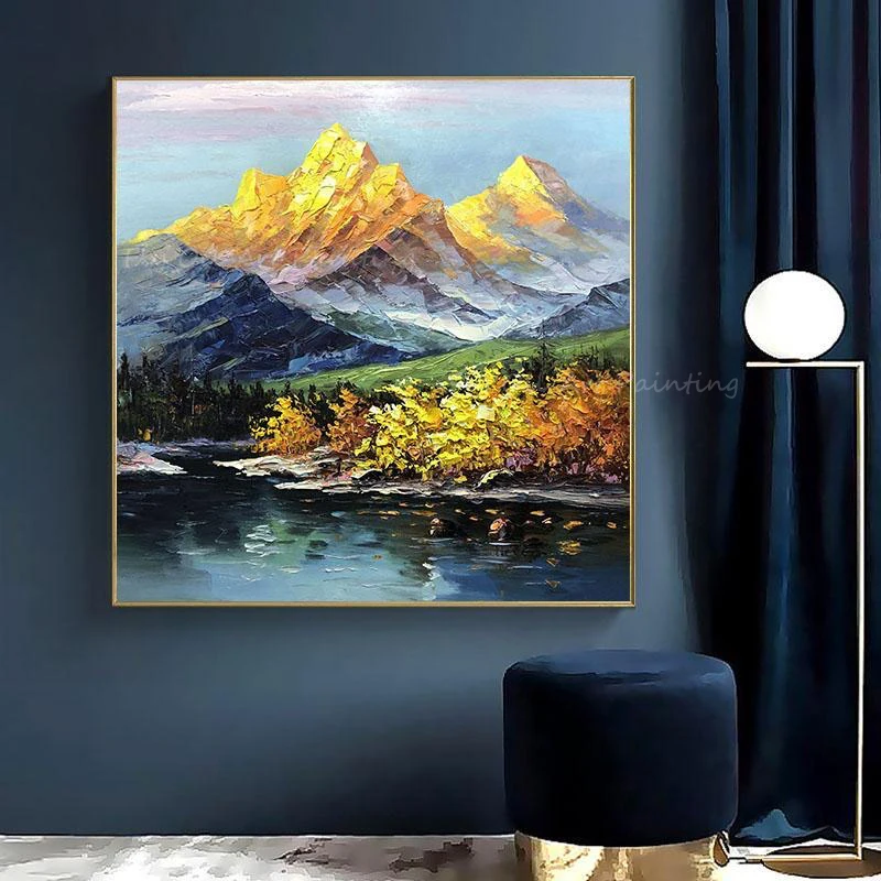 

100% Handmade gold foil mountain forest lake landscape beautiful scenery artwork oil painting for home decoration unframe