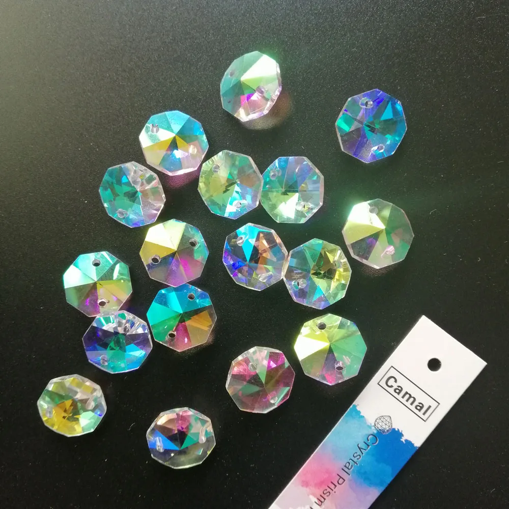 Camal 20Pcs 14mm AB Color Colorful Crystal Octagonal Loose Beads 2 Holes Chandelier Lamp Parts Curtain Craft Wedding Ornament