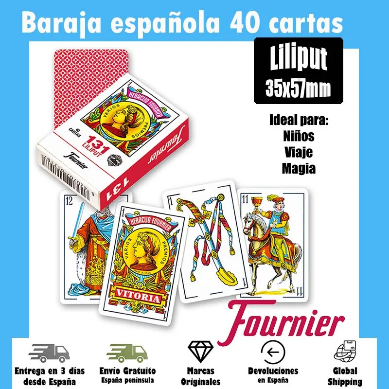 Fournier, Baraja liliput 131, Spanish 40 card, travel, bosillo, solitaire, children, family, game table, play, magic, tricks, Mus 37x57mm, red back, ideal gift, beach, pool, Camping