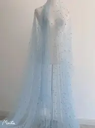 1 yard tessuto di Tulle di perle di perle blu chiaro perline di perle tessuto di pizzo di Tulle per veli da sposa abito da sposa Vedding Prop Backdro