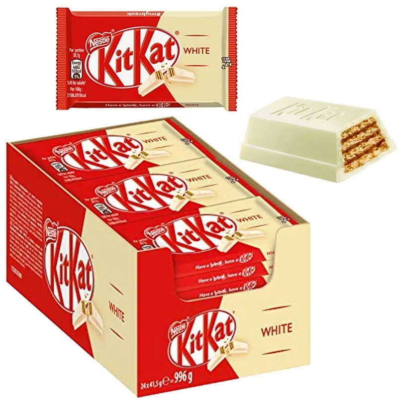 Kat white Kit-case with 24 packs of 41,5 gr-each kat kit is made up of four bars consisting of a cookie waffle covered by a sweet layer of white chocolate-