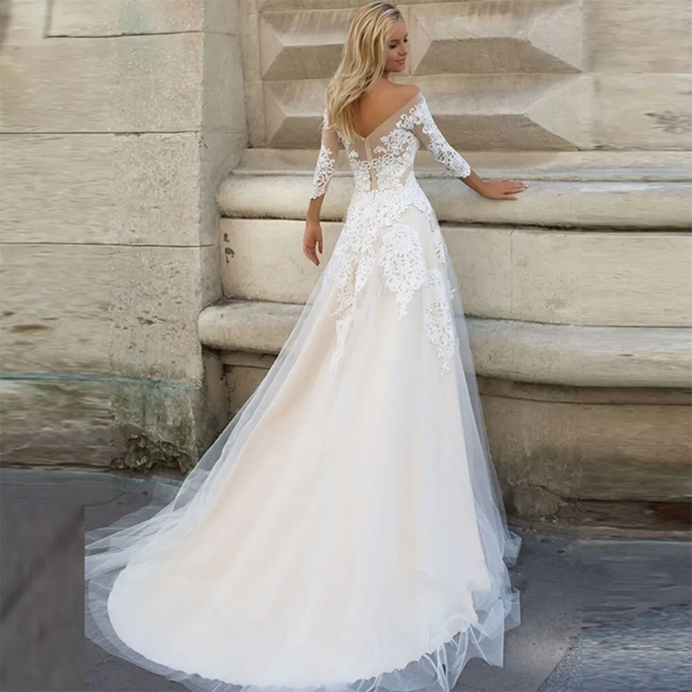 13169 # Bãi Biển Bohemian Thanh Lịch Tulle Backless 2022 Nửa Tay Áo A-Line Thuyền Cổ Công Chúa Ren Sexy Wedding Dress Bridal Gown