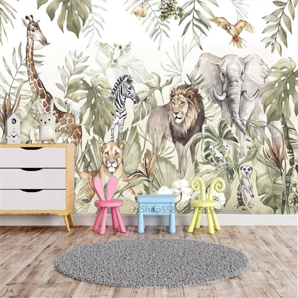 Custom Large Size Wallpaper Animals Among the Leaves of Tropical Plants Mural Giraffe Lion Zebra Elephant Children Room Decor 3D