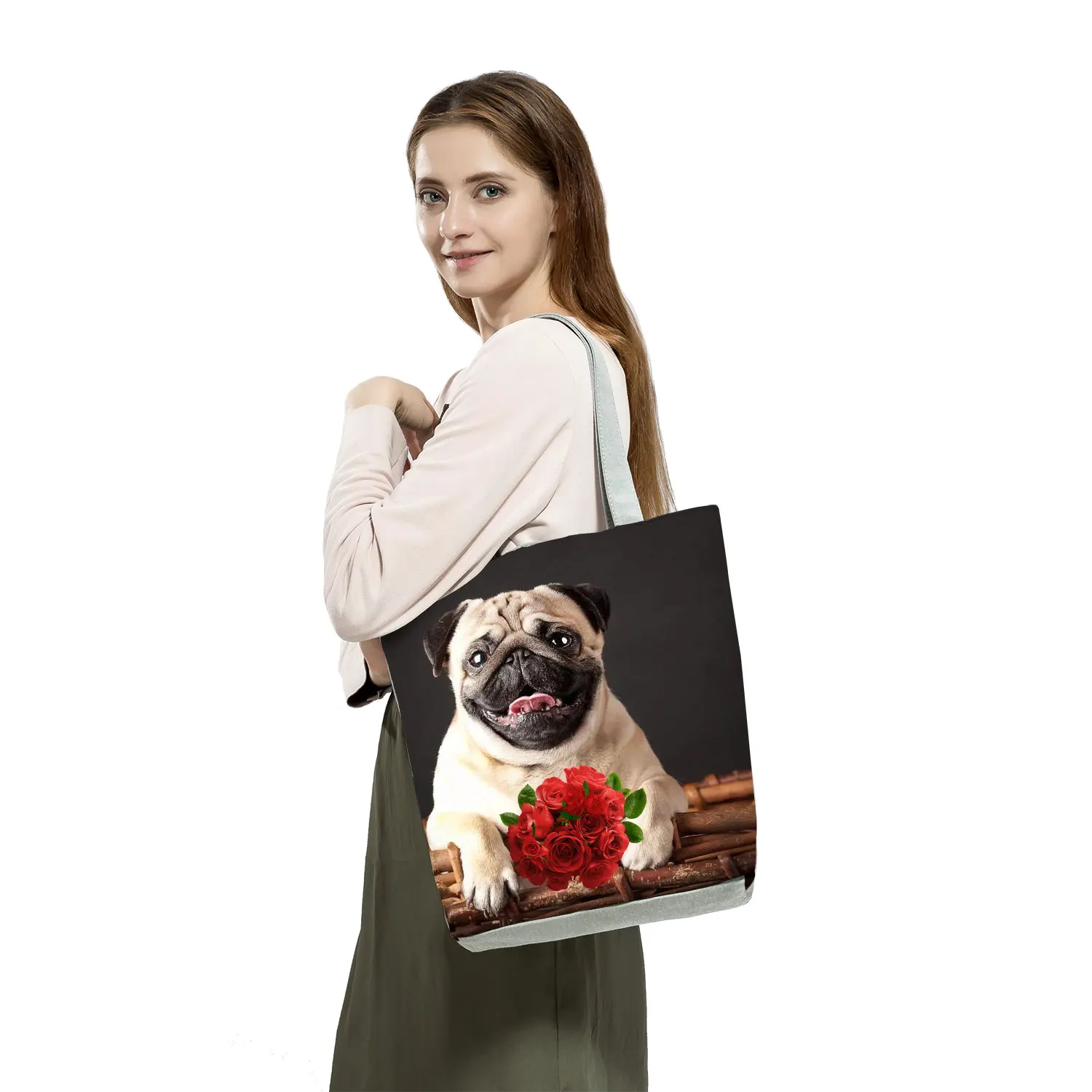 Dog Printed Handbag Cute Pug Casual High Capacity Eco Reusable Shopping Bag Practical Women Floral Outdoor Travel Storage Tote