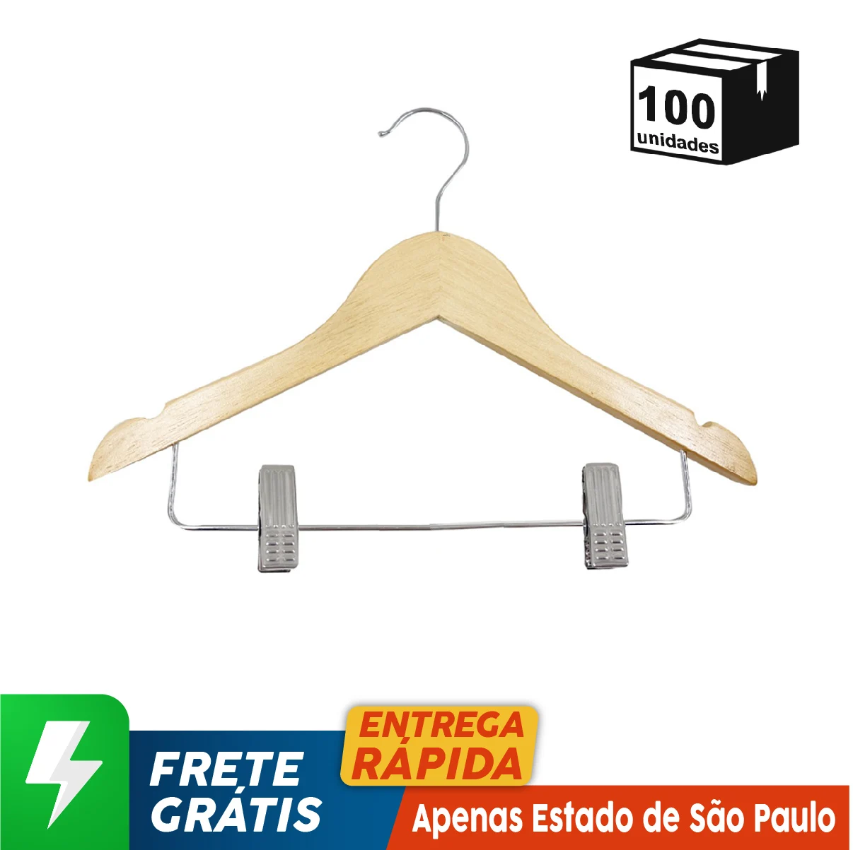 100 Unidades Cabides de Madeira Envernizada Com Clipes Modelo Infantil Organizador Saias Vestidos Calças Closet Guarda Roupa