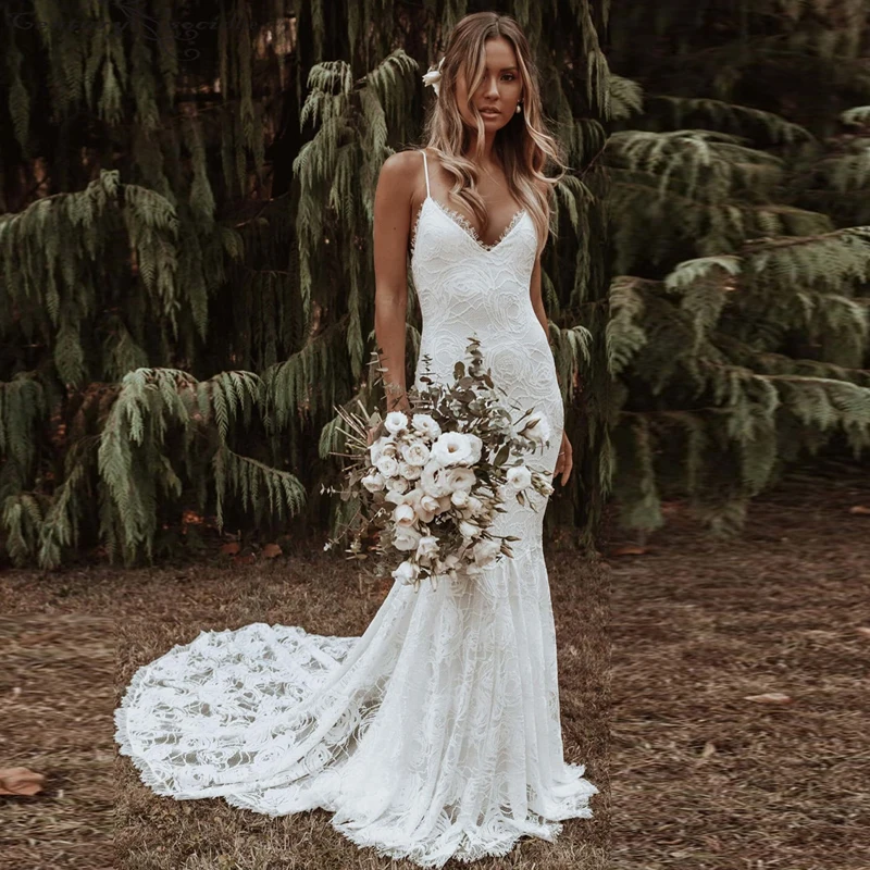 Vestido de casamento rústico feito sob encomenda do laço floral da praia do laço das correias do espaguete do jardim da sereia vestidos de noiva com tamanho grande do trem