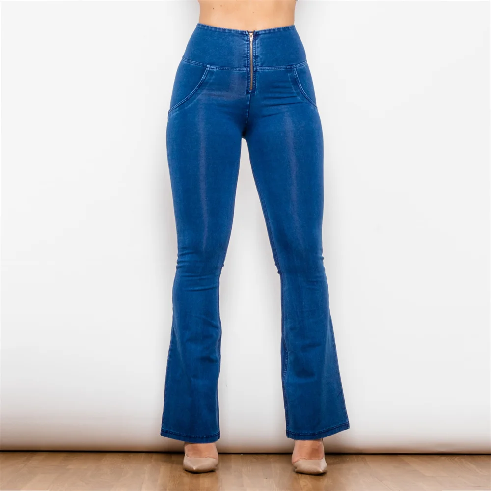 Shascullfites Melody High Waisted Flared Jeans for Women Dark Blue Stretch Jeans Flare Scrunch Booty Fashion Pants Jeans