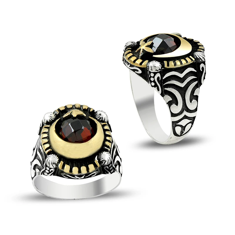 925 Silver Moon and Star Printed Tribal Turkish Rings for Men