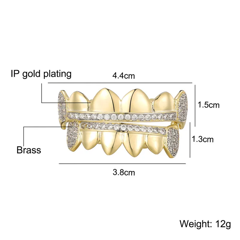 Hip Hop Bling Teeth Grillz Set Iced Out Grillz Caps Cubic Zircon Micro Pave Top & Bottom Charm Grills For Men Women Jewelry