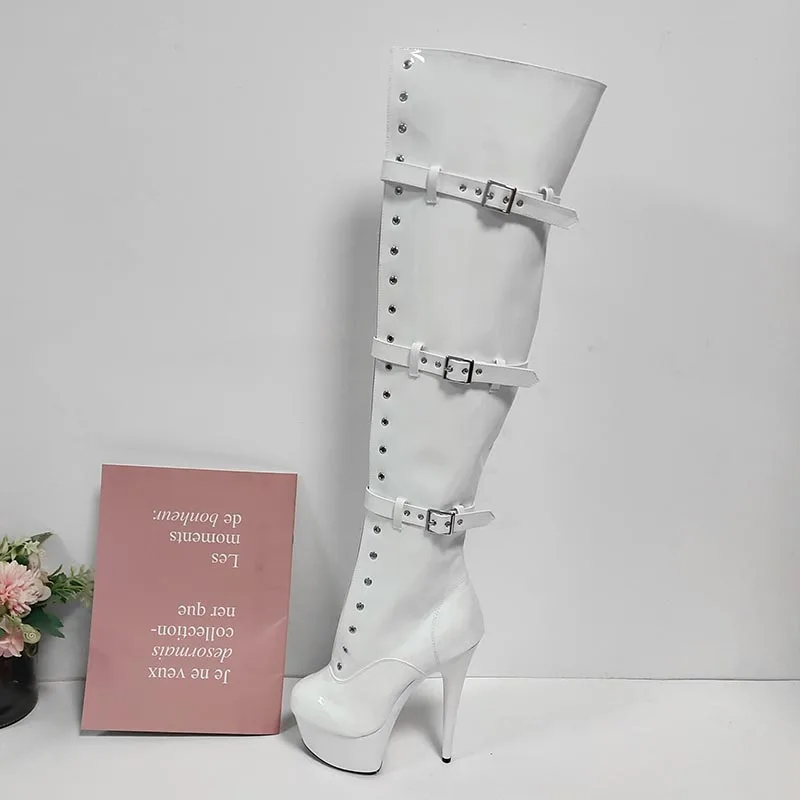 Sexy Nightclub Pole Dance Platform Belt Buckle Patent Leather Round 15CM Stiletto Stripper Heels 6Inch Knee High Women Boots New - Image 5