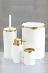 5 Pcs Gold White Bathroom Accessories Set Toothbrush Holder Toilet Brush Liquid Soap Dispenser Trash Can Stylish Made in Turkey