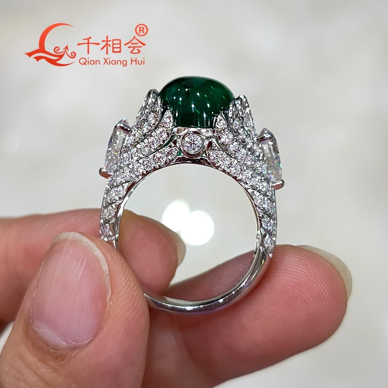 

Oval green color emerald angel wings 10*12mm 925 silver ring Created Hydrothermal Emerald melee white moissanite Wedding