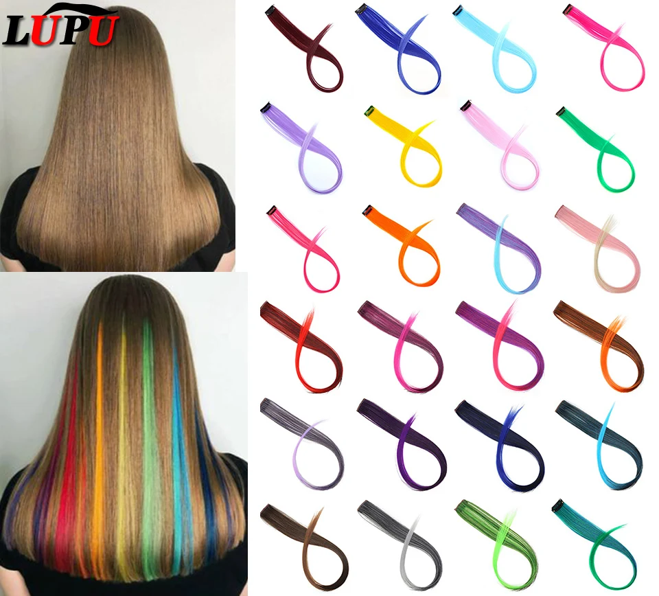 Lupu-Épingles à cheveux synthétiques à clipser, extension de cheveux raides, postiche à clipser, pince à cheveux colorée, arc-en-ciel naturel, degré