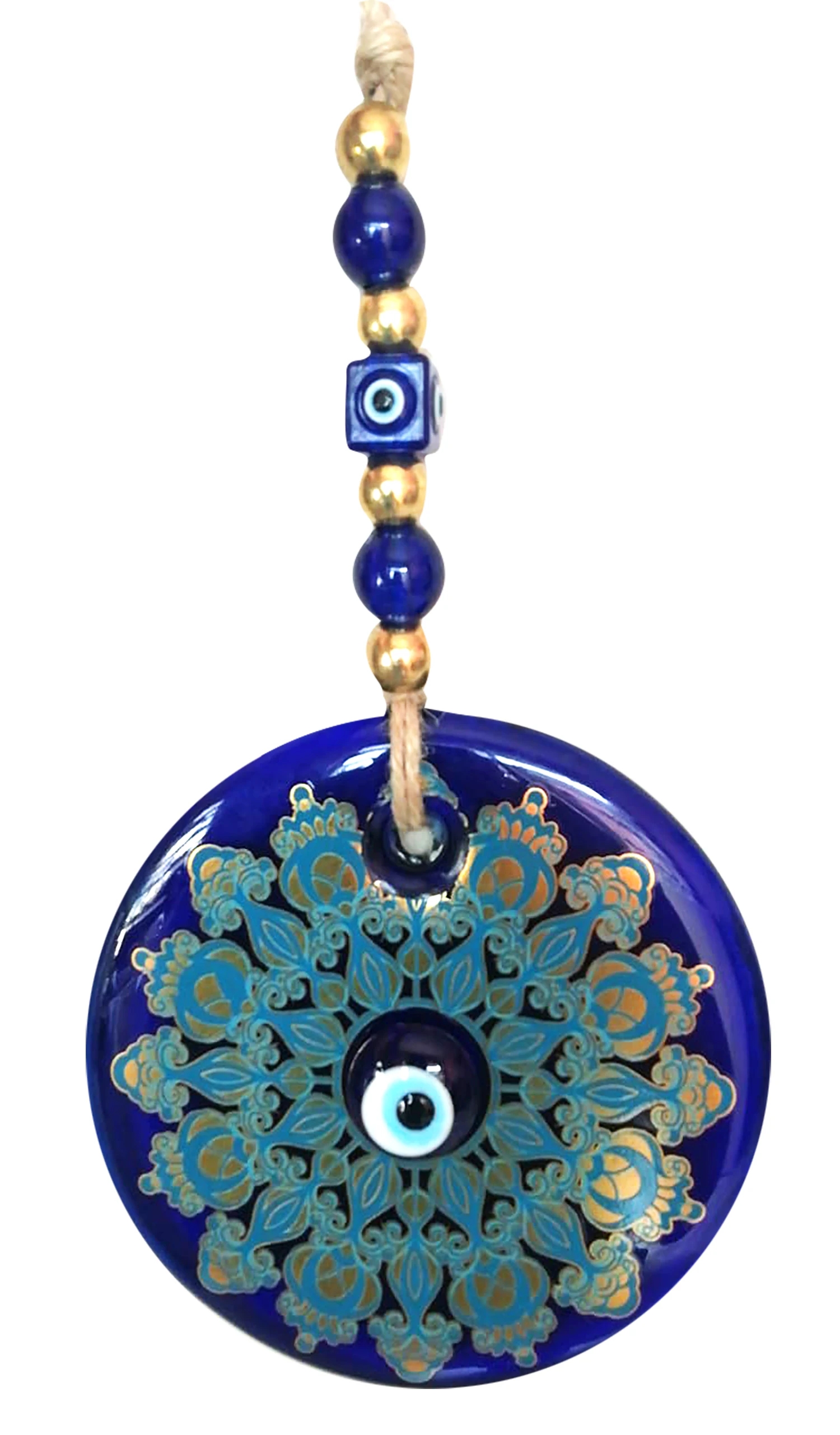 Big Size-14 cm Diameter- Golden Gilted and Colored Patterned Glass Blue Evil Eye Wall Hanging Ornament – Turkish Nazar Bead - Ho