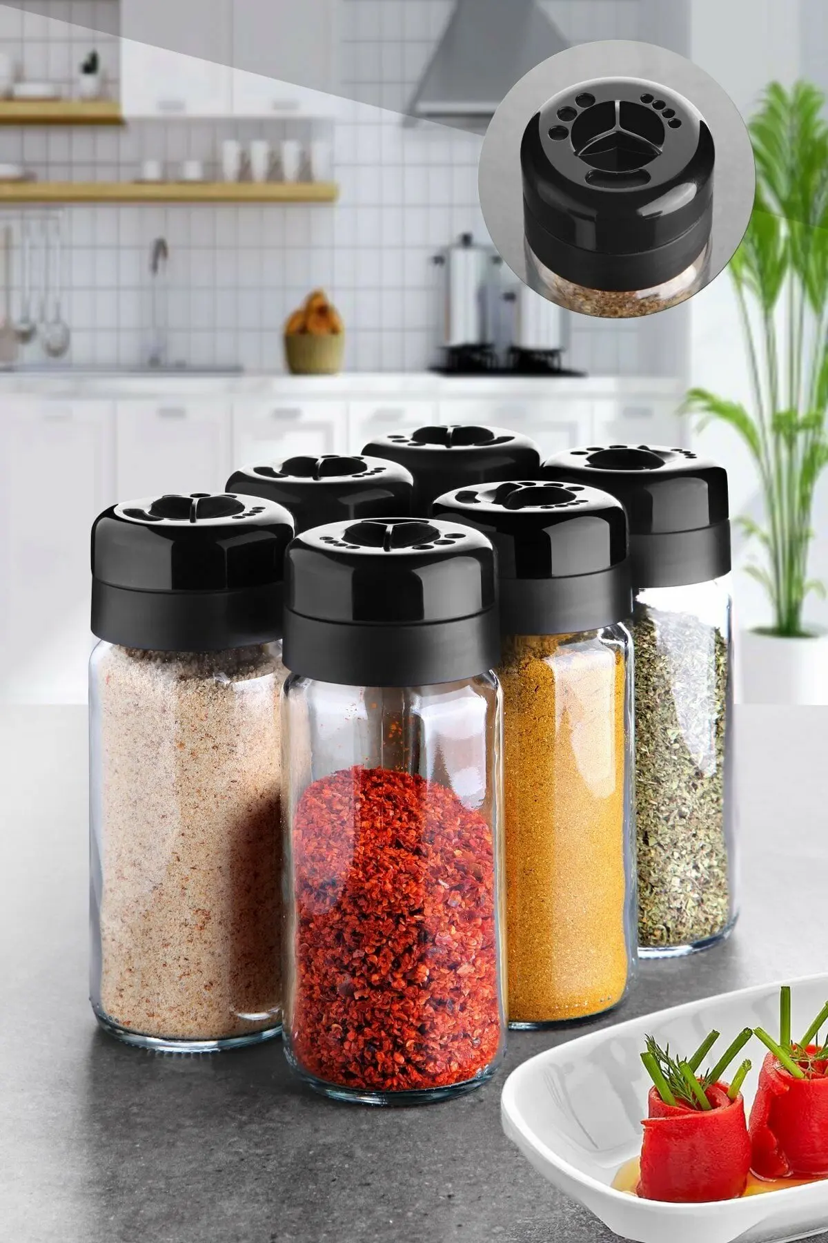 6 Pcs Rotatable Head Condiment Pot Seasoning Bottle Glass Kitchen Supplies And Materials Saltcellar Rotational Regulation