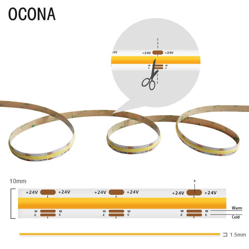 COB CCT LED Strip Lights Dual Color CSP Warm+Cool White Flexible Linear LED Tape Lighting with LED Controller DC 24V Tuya Smart