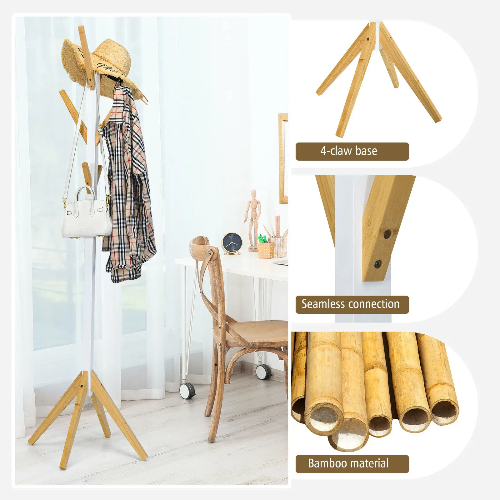Costway-Bambu Independente Coat Rack Stand, Hall Tree Hanger, Organizador com 6 Ganchos