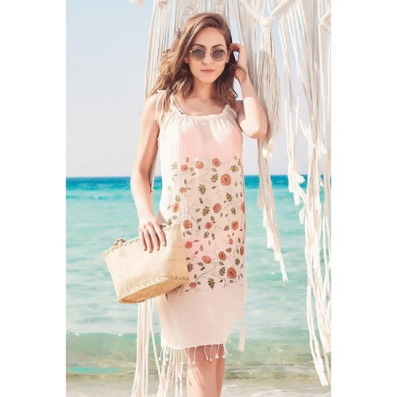 Beach Cover Dress Tunic Dahlia Flowers 2021 Summer Cotton Women Beach Dress Pareo Beach Wear Cover Plage Beach Wear  Fashion