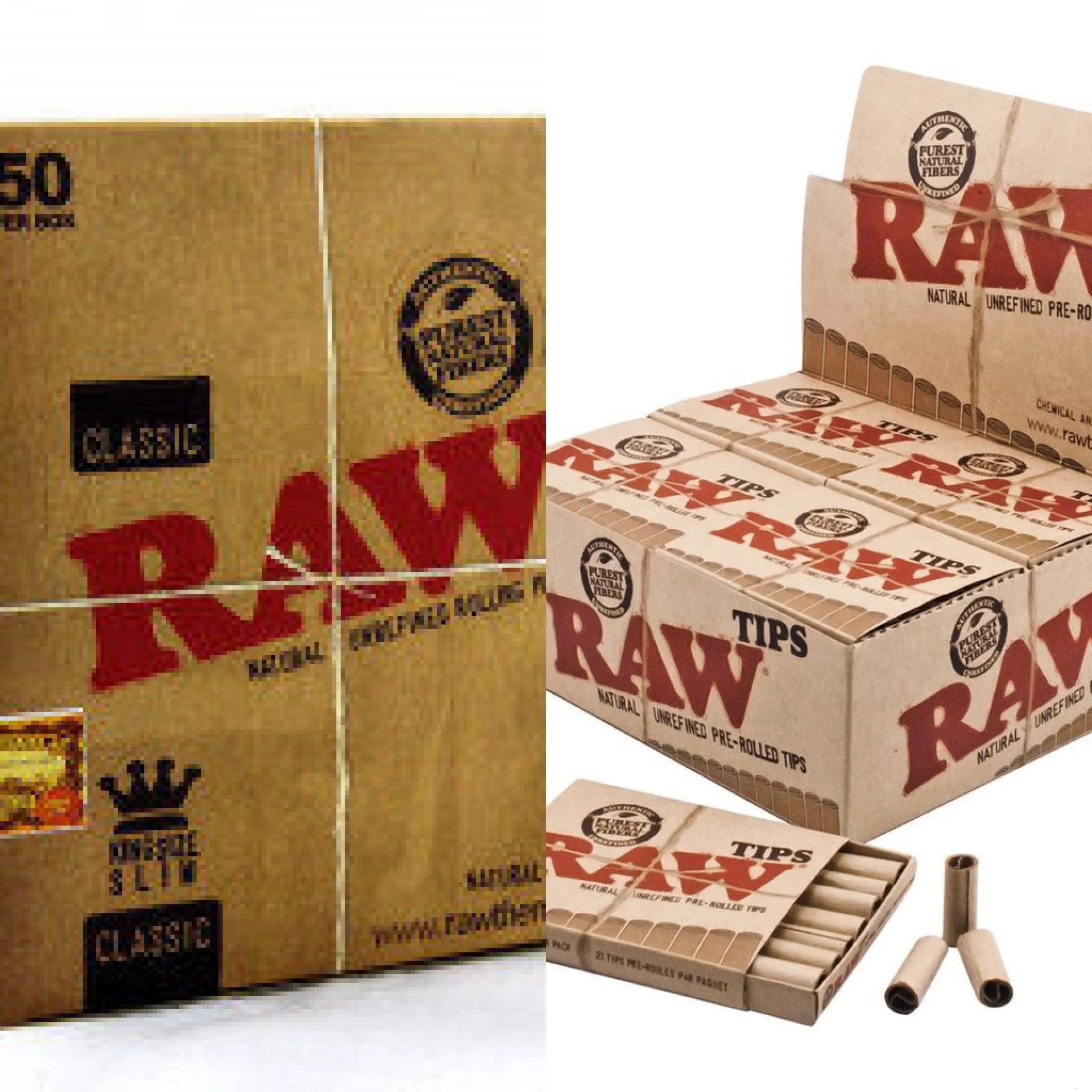 210 Filtros de Carta RAW TIPS PREROLLED + Papel de liar Raw Classic King Size Slim Papelillos de Fibras Naturales no blanqueados ni refinados