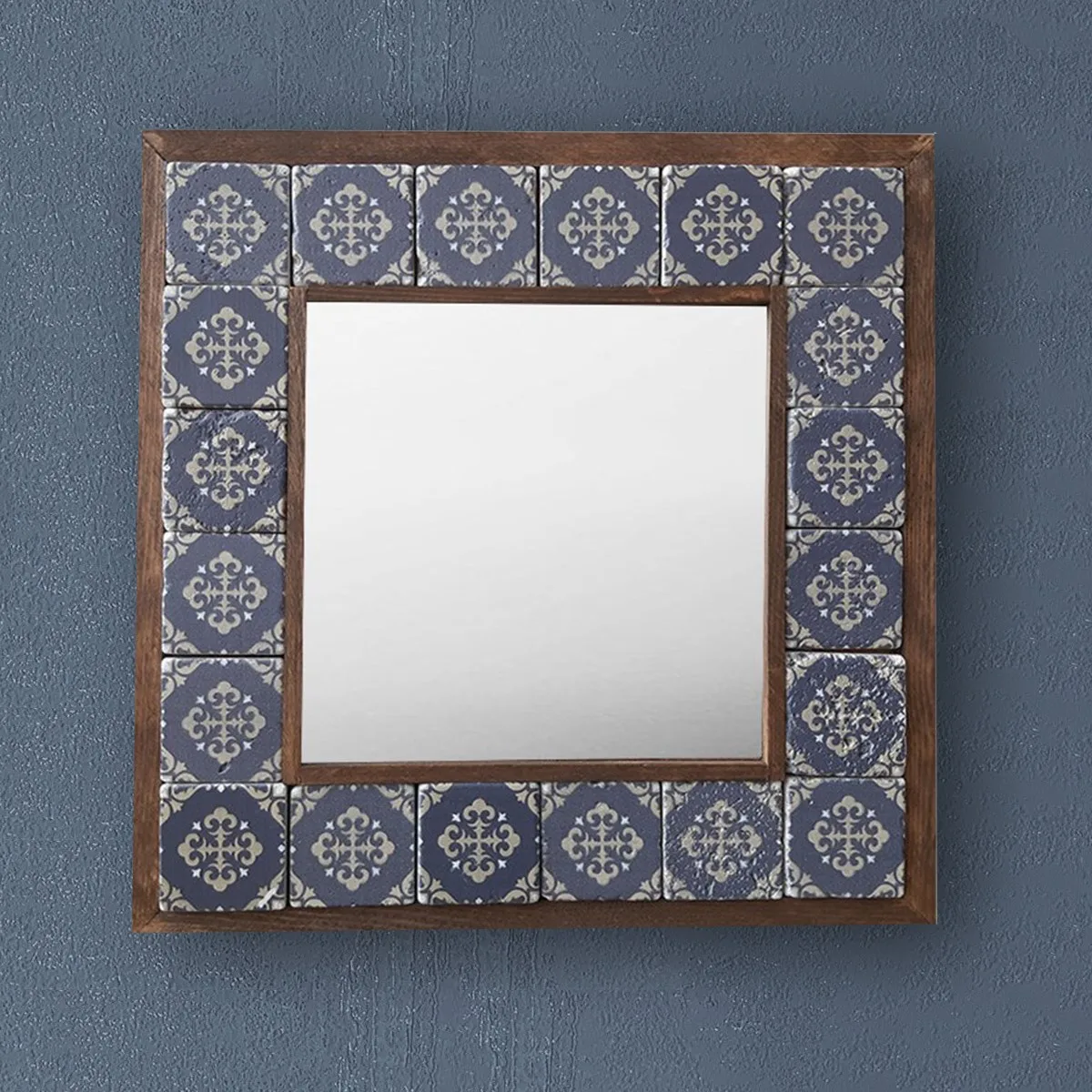 Handmade Wall Mirror Decorative Natural Stone Wooden Framed Art Decor Vintage Mosaic Printed Tile Square Gift Hang 33cmx33cm