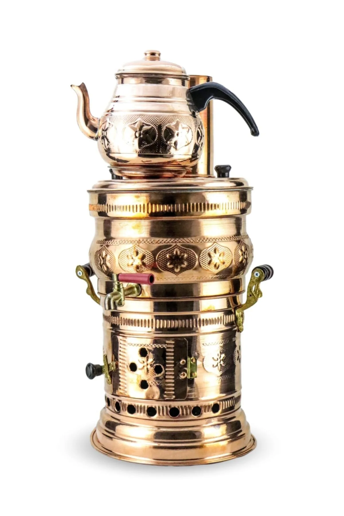 Copper Handcraft Wood/Coal Samovar Handmade Camp Stove with Teapot Camping Samovar Tea Kettle Water Heater Outdoor BBQ Stove