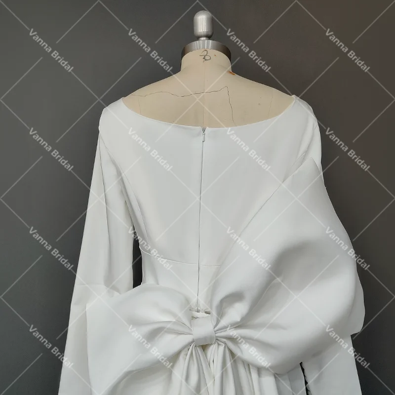 Scoop neck cetim sem costas vestidos de noiva simples elegante feito sob encomenda sereia mangas compridas grande arco catedral vestido de casamento