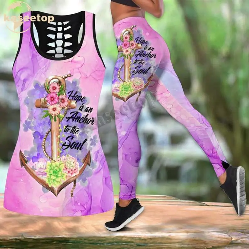 Kaseetop New 3D Floral Anchor Combo Two Piece Yoga Set Women 3D Print Vest Hollow Out Hollow Tank & Legging Outfit Summer LK93