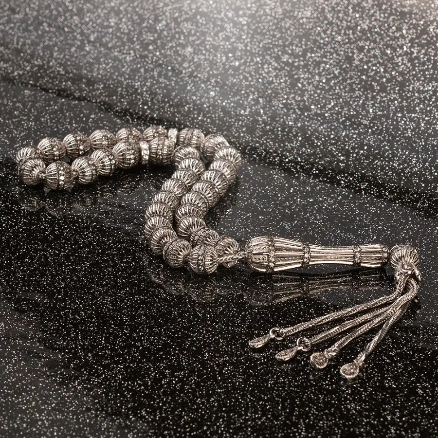 Silver White Zircon Gemstone Prayer Rosary Men Rosary With Silver Tassel Arabic Tasbih Ornate Tassel 925k Silver Made in Turkey