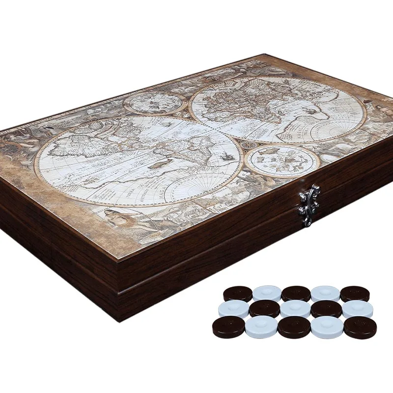 Antique Map Board Game Leather Backgammon Luxury Set Checkers With Chip Dice