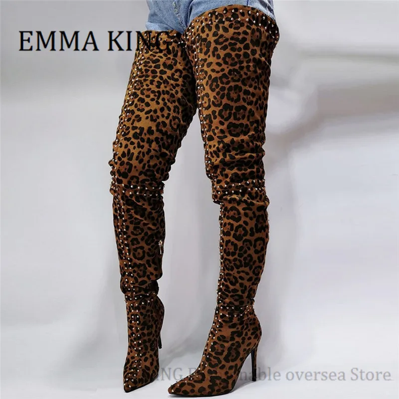 Women Leopard Print Over The Knee Boots Rivets Studs Ladies Boots Pointed Toe Faux Suede Stilettos Ladies Crotch Thigh Boots 46