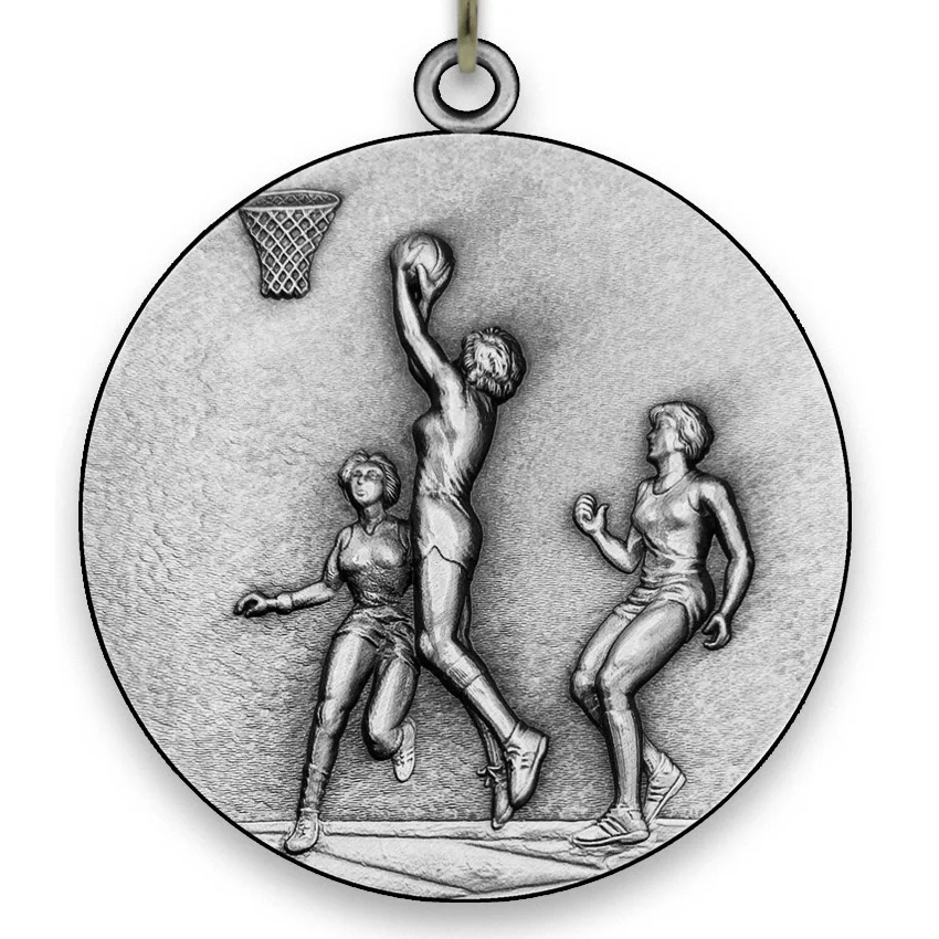 Large Metal - Basketball Male - Silver Medal - 6,4 cm - with Neck Ribbon size 2,2cm x 80 cm,  Choice of Ribbon Colours.