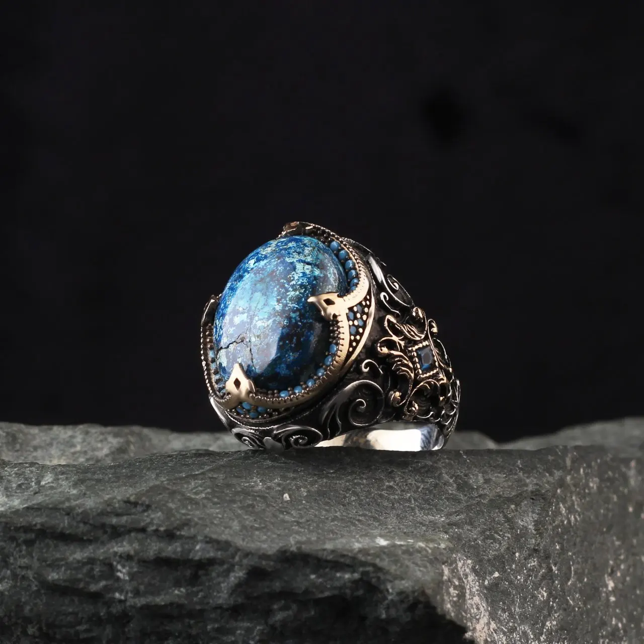 MEN 'S 925 Sterling Silver Ring, Azurite Gemstone, Real Natural Stone Male Gift Accessories Jewelry, made in Turkey, Fashion Trend Handmade