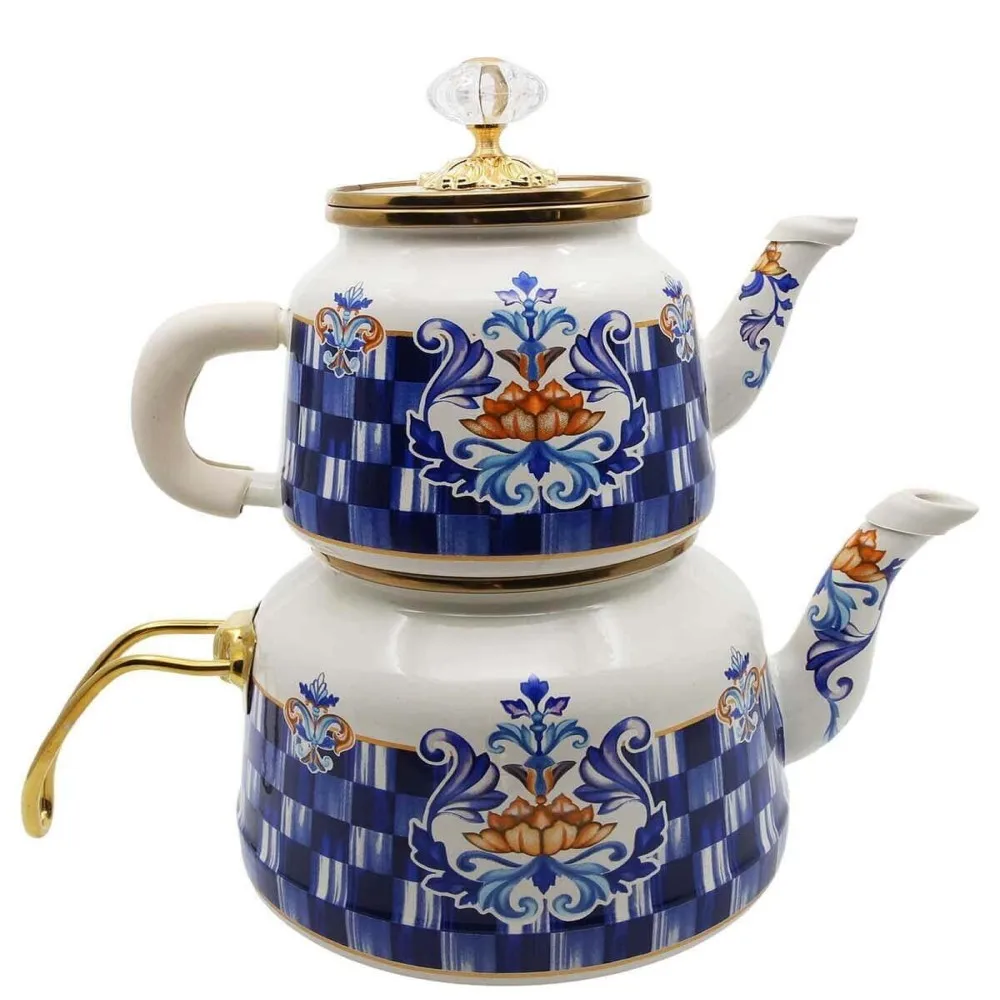 Enamel Gold Luxury Large Teapot Set White Blue Checkered