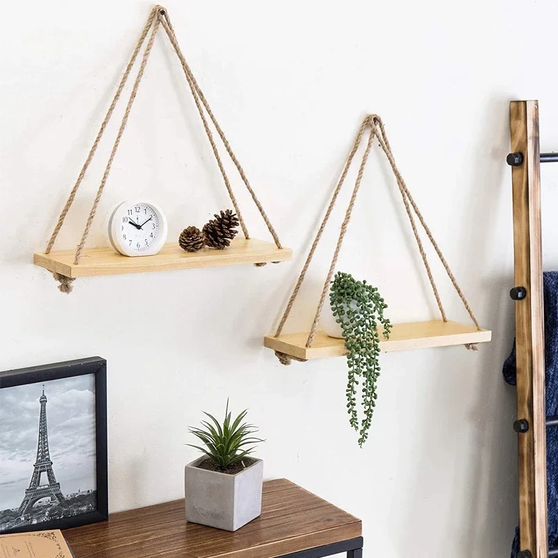 Wood Swing Hanging Rope Wall Mounted Floating Shelves Plant Flower Pot Indoor Outdoor Decoration Modern Nordic Simple Design