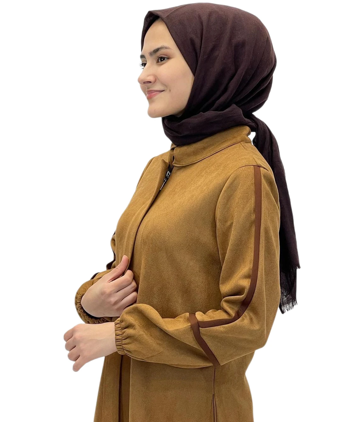 Muslim Abaya Islamic Hijab Fashion Clothing Winter Piping Hidden Zipper Suede Fabric Cap Model Dress