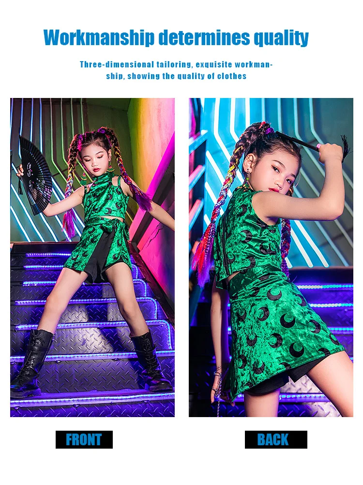 ZZL Children\'s Hip-hop Dance Suit K-pop Jazz Dance Children Performance Clothes Urban Dance Costume Green Color Moon Pattern