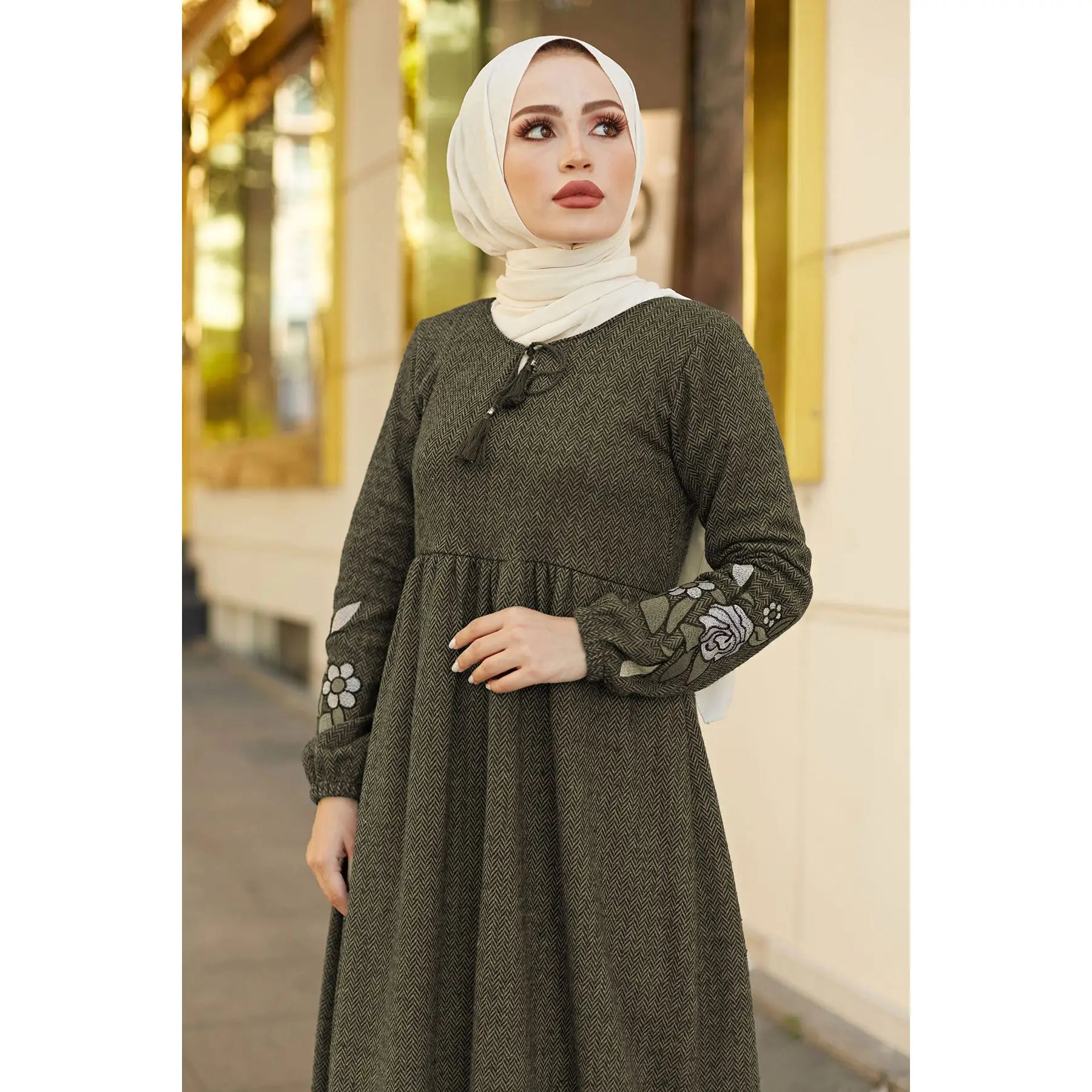 Big Size Maxi Women\'s Dress Herringbone Fabric Collar Detailed Long Flower Pattern Sleeved Dress Turkey Muslim Fashion Abaya