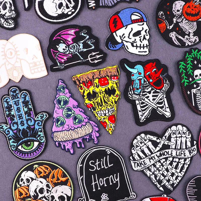 Pizza Skull Patch Iron On Patches For Clothing Thermoadhesive Patches Punk Horror Skeleton Embroidered Patches On Clothes Badges