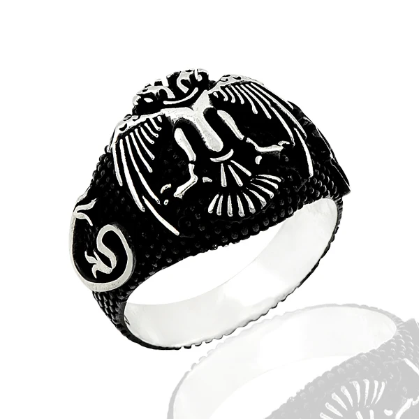 925 Silver Two Head Eagle Printed Ethnic Pro - Turkish Rings for Men