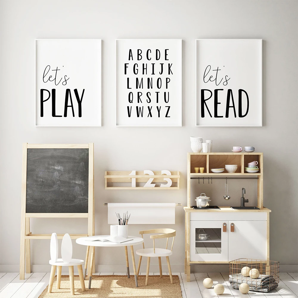 Let's Play Reading Quote Typography Printing Black and White ABC Modern Minimalist Wall Art Canvas Painting Nordic Poster Childr